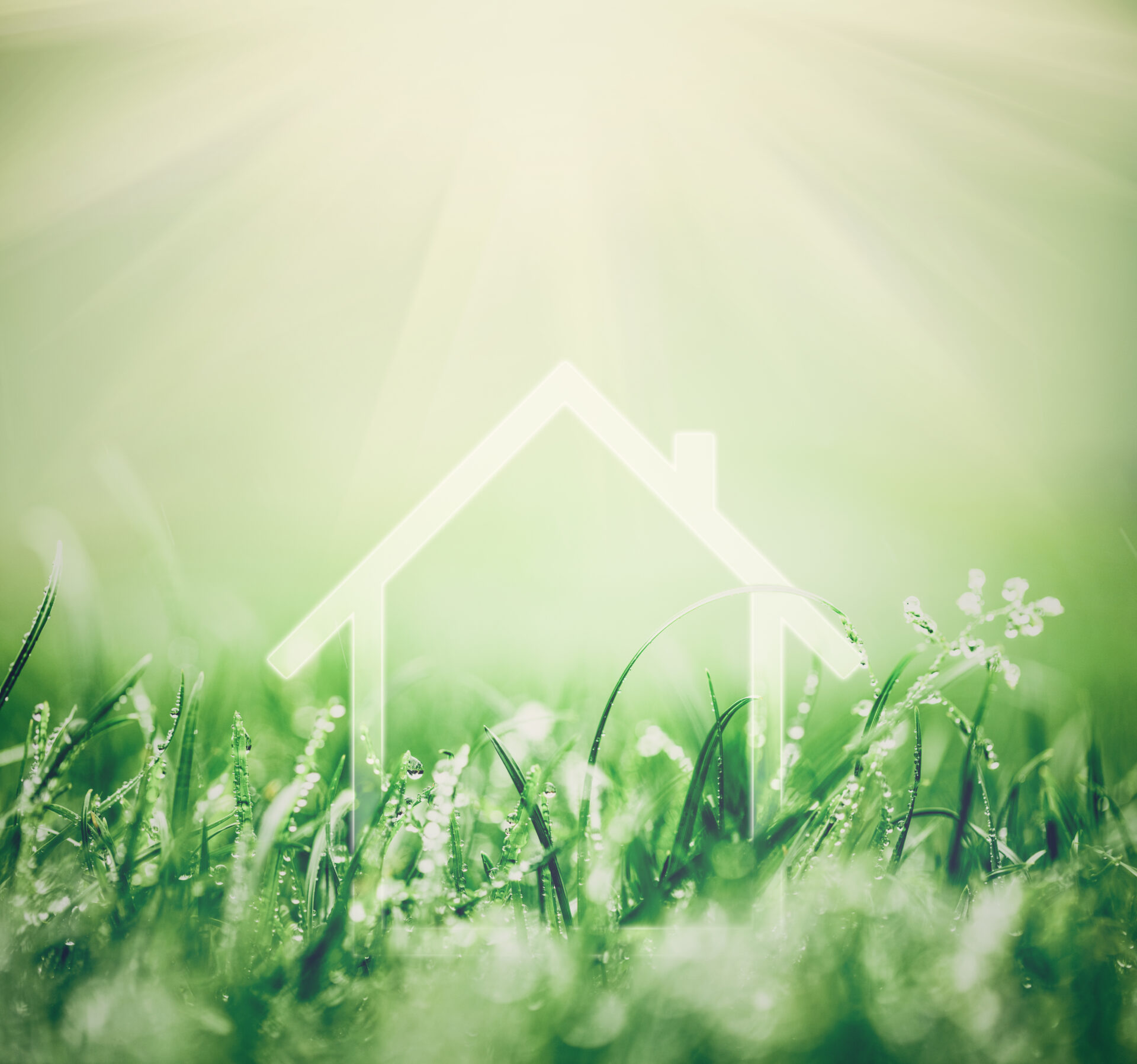 Effiziente Energieberatung Bielefeld | Sauberes Zuhause im Einklang mit der Natur Symbolisches Bild für nachhaltiges Wohnen: Eine helle Hauskontur erscheint inmitten von frischem, taubedecktem Gras unter Sonnenstrahlen