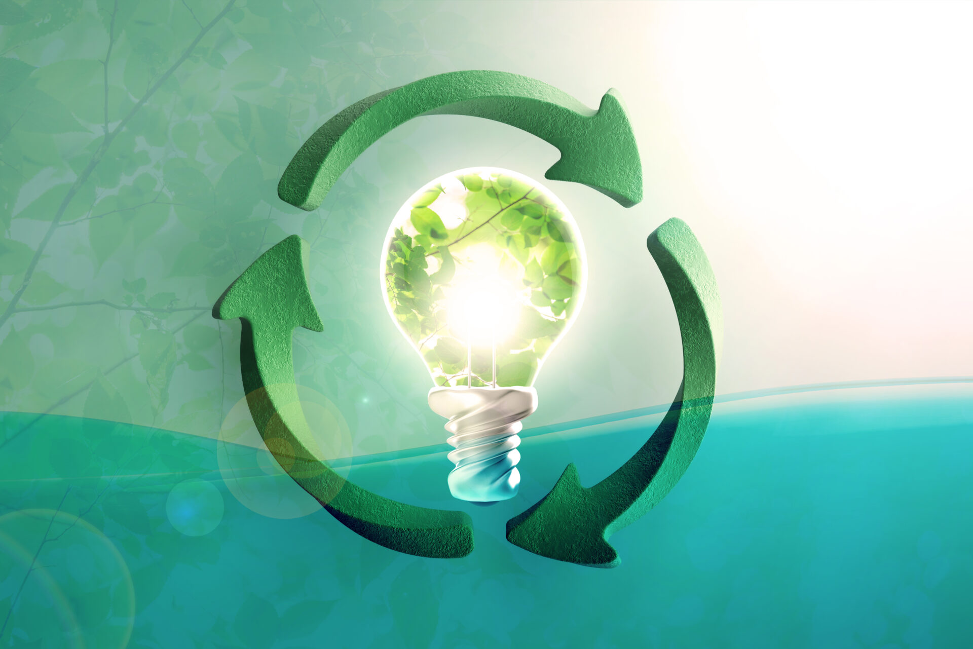 Nachhaltige Energie: Glühbirne mit grünen Blättern, umgeben von Recyclingpfeilen – Symbol für zertifizierte Energieberatung Bielefeld Glühbirne mit grünen Blättern im Inneren, von drei grünen Recyclingpfeilen umgeben. Symbolisiert nachhaltige Energie und Umweltschutz – passend für zertifizierte Energieberatung Bielefeld