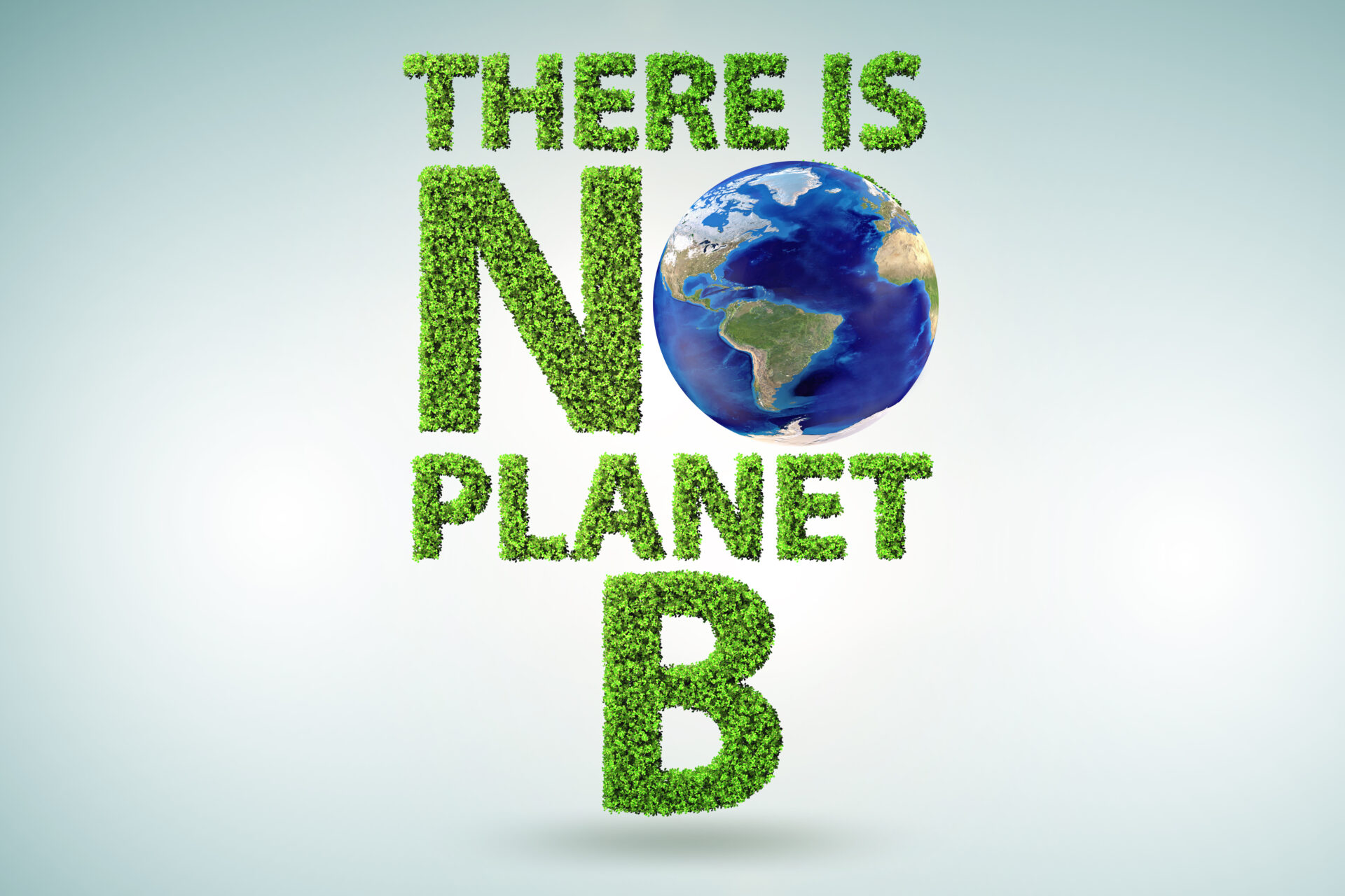 Das Bild zeigt eine künstlerische Gestaltung des Schriftzuges There is noch Planet B, die Buchstaben sind mit vielen Blättern grün ausgefüllt, nur das o von No ist die Erde. Eine Illustration, die uns zeigen soll, dass wir etwas tun müssen, damit wir unsere Zukunft Erde nachhaltig sichern.