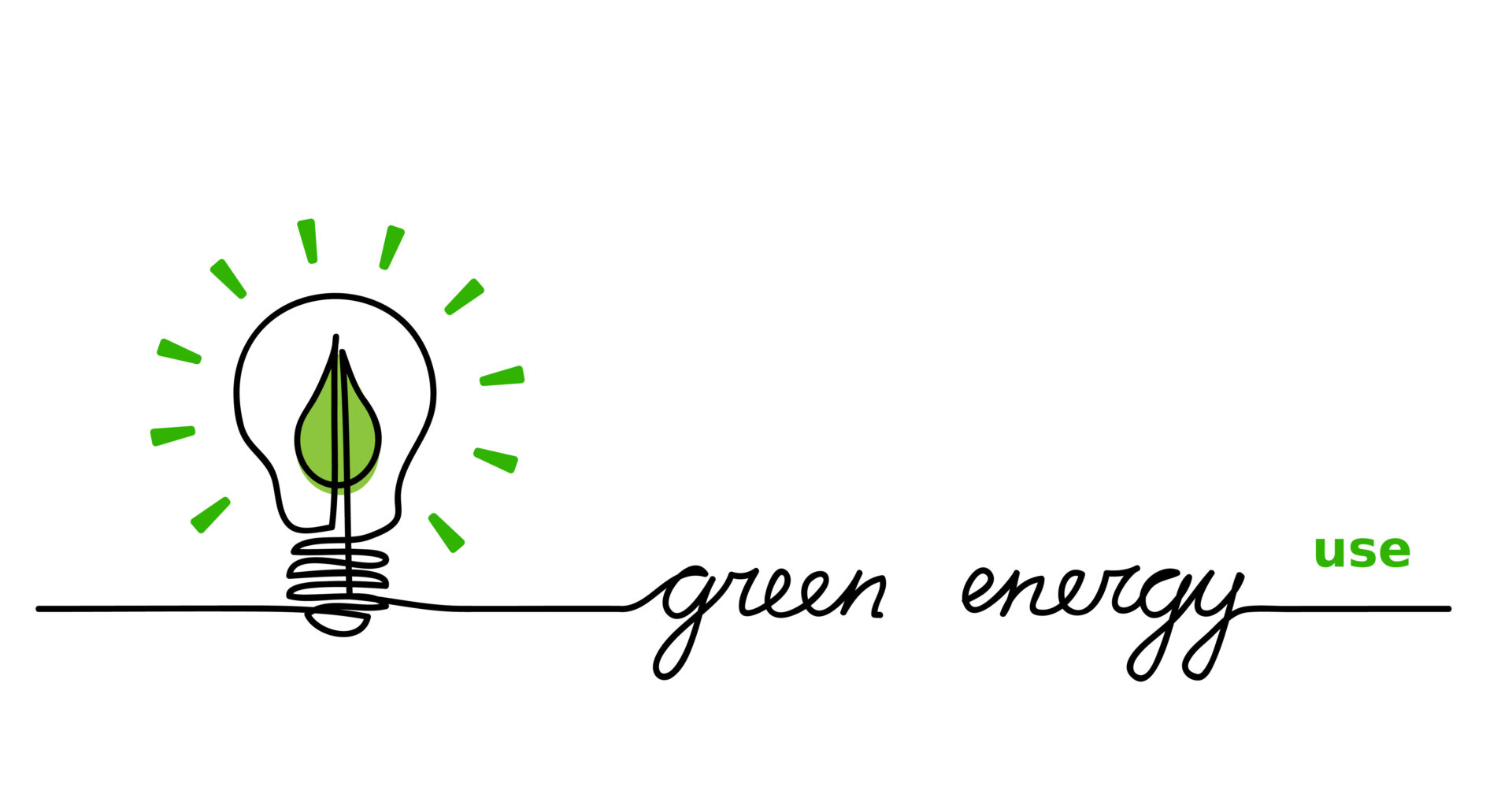 Gezeichnete Glühbirne mit grünem Blatt als Symbol für umweltfreundliche Energie; daneben Schriftzug ‚green energy use‘