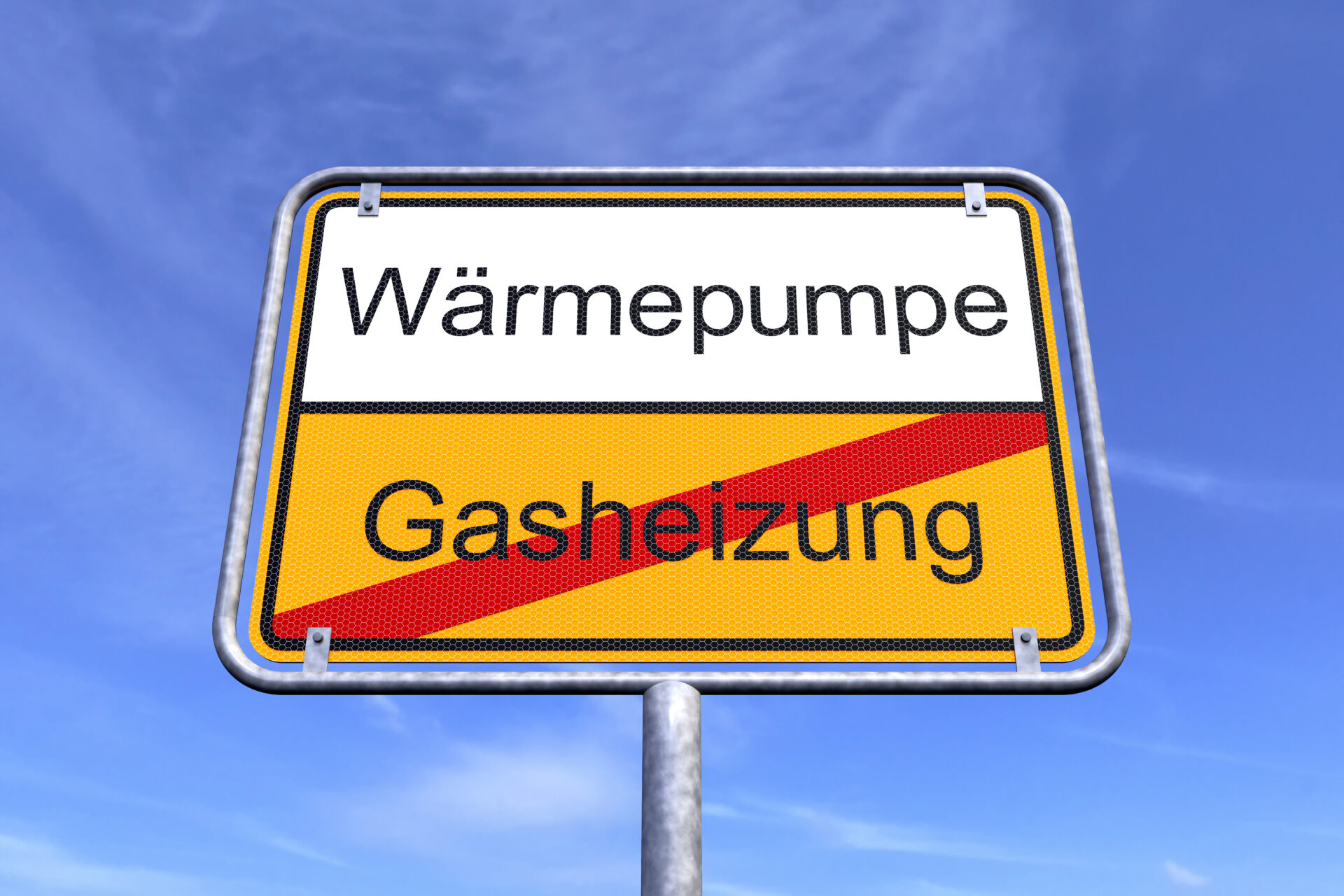 Wechsel von Gasheizung zur Wärmepumpe | Symbolbild für Energiewende und Klimaschutz Hinweisschild vor blauem Himmel mit den Aufschriften ‚Wärmepumpe‘ und durchgestrichen ‚Gasheizung‘, symbolisiert den Wechsel von Gasheizung zur Wärmepumpe